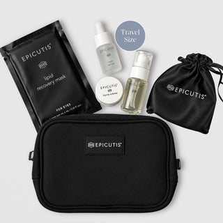 Epicutis Skincare Simplified travel-size Oil Cleanser, Lipid Serum, Hyvia Crème, eye mask, travel case and satin pouch