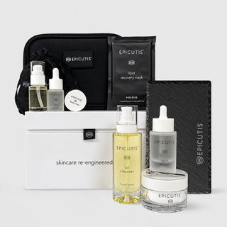 Epicutis Skincare Simplified Box Set: full-size and travel-size cleanser, serum, crème, eye mask, ritual stone, case and box