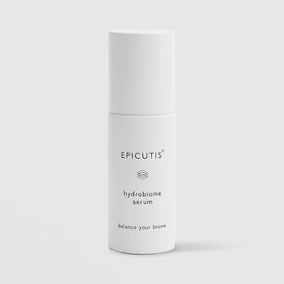Epicutis Hydrobiome Serum balance your biome facial serum in a minimalist white airless pump bottle on a light gray background