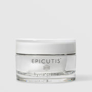 Epicutis Hyvia Crème luxury face cream in a clear glass jar with white lid on a light gray background