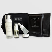 Epicutis luxury on the go skincare product set including bottles and a mask on a grey background