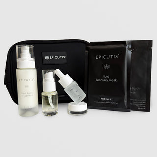 Epicutis luxury on the go skincare product set including bottles and a mask on a grey background