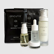 Epicutis luxury on the go skincare product set including serum, treatment, and mask on a light gray background