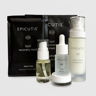 Epicutis luxury on the go skincare product set including serum, treatment, and mask on a light gray background