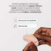 Omnilux Mini Eye Brightener infographic describing it as full-strength LED skincare sized down for targeted results, including 14 hydrocolloid patches formulated with amino acid-rich peptides and niacinamide, with a hand holding the illuminated device.