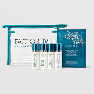 FACTORFIVE Power of Five Discovery Set with clear teal-trim travel bag, 4 human stem cell skincare minis and facial mask