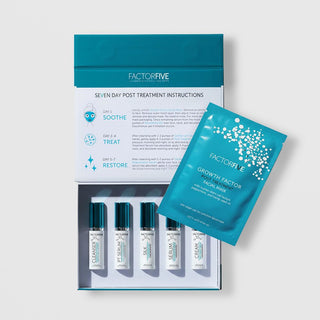Open FACTORFIVE 7-Day Post Treatment Kit with Day 1 Soothe, Day 2-4 Treat, Day 5-7 Restore instructions and 5 minis