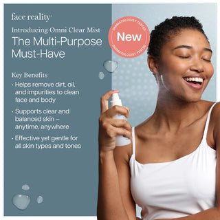 Face Reality Omni Clear Mist key benefits: cleanses, balances skin, gentle for all skin types and tones, dermatologist tested