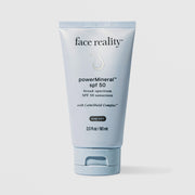 Face Reality PowerMineral SPF 50 acne-safe broad spectrum mineral sunscreen 60ml in light blue squeeze tube with CalmShield Complex