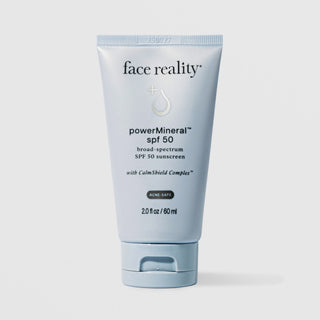 Face Reality PowerMineral SPF 50 acne-safe broad spectrum mineral sunscreen 60ml in light blue squeeze tube with CalmShield Complex