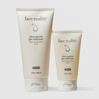 Face Reality Ultra Gentle Gel Cleanser in 6 fl oz and 2 fl oz travel size – daily antioxidant acne-safe face wash