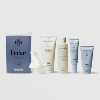 Face Reality Acne-Safe Kit for Normal or Combination Skin with Ultra Gentle Gel Cleanser Moisture Balance Toner HydraBalance Gel ClearDerma Moisturizer and Luxe Toner Pads