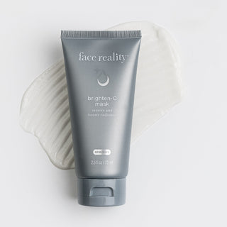 Face Reality Brighten-C Mask tube with cream texture swatch – brightening vitamin C face mask, acne-safe, 2.5 fl oz