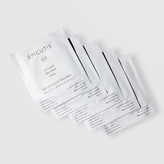 Five Epicutis Neck and Décolleté Mask single-use white foil packets fanned out on a light gray background