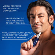 Man with glowing skin holding iS Clinical GeneXC Serum on blue background with benefits: visibly restores and brightens complexion, revitalizes youthful skin appearance, and antioxidant-rich formula protects against free radical damage