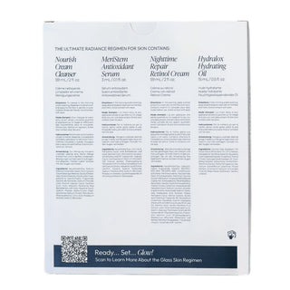 Back of Circadia Glass Skin Holiday Set box with product sizes, directions and full ingredient lists