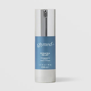GlyMed Plus Rosacea Relief in white pump bottle with silver pump and blue label, 1 oz, on light gray background