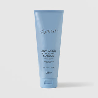 GlyMed Plus Anti-Aging Exfoliant Masque in light blue squeeze tube, 4.0 oz, on light gray background