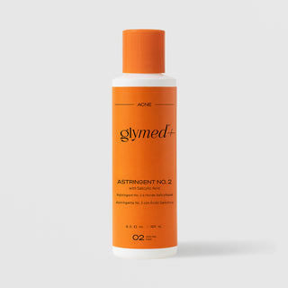 GlyMed Plus Acne Astringent No. 2 with Salicylic Acid in white bottle with orange cap and label, 8.0 oz, on light gray background