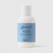 GlyMed Plus Beta Gel with 10% Glycolic Acid in white bottle with light blue label, 4.0 oz, on light gray background