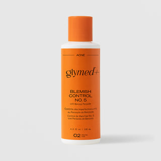 GlyMed Plus Acne Blemish Control No. 5 with Benzoyl Peroxide in white bottle with orange cap and label, 4.0 oz, on light gray background