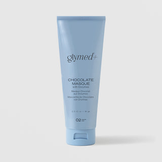 GlyMed Plus Chocolate Masque with Enzymes in light blue squeeze tube, 2.0 oz, on light gray background