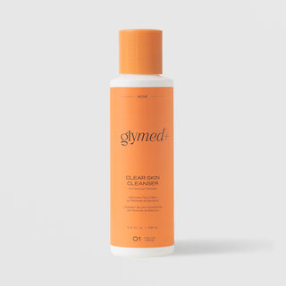 GlyMed Plus Acne Clear Skin Cleanser with Benzoyl Peroxide in white bottle with orange cap and label, 8.0 oz, on light gray background