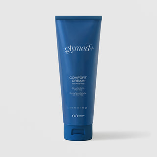 GlyMed Plus Comfort Cream with Aloe Vera in navy blue squeeze tube, 2.0 oz, on light gray background