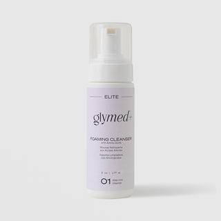 GlyMed Plus Elite Foaming Cleanser with Amino Acids in white foam pump bottle with lavender label, 6 oz, on light gray background