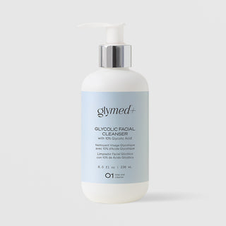 GlyMed Plus Glycolic Facial Cleanser with 10% Glycolic Acid in white pump bottle with silver collar and light blue label, 8.0 oz, on light gray background