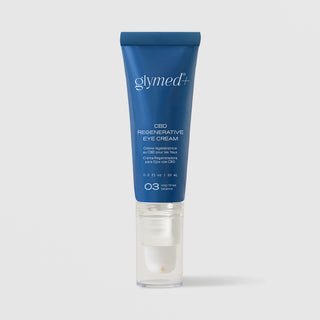 GlyMed Plus CBD Regenerative Eye Cream in navy blue pump tube, 0.3 oz, on light gray background