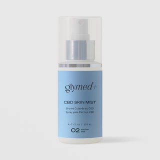 GlyMed Plus CBD Skin Mist in white spray bottle with silver collar and light blue label, 4.0 oz, on light gray background