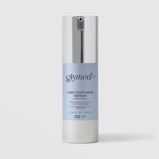 GlyMed Plus CBD Soothing Serum with Micro-Silver in white pump bottle with silver pump and light blue label, 1.0 oz, on light gray background