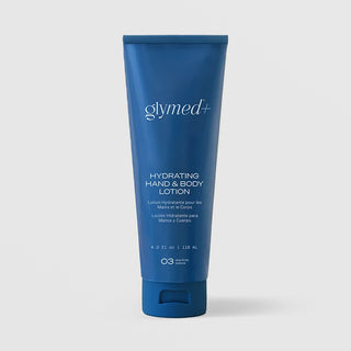 GlyMed Plus Hydrating Hand and Body Lotion in blue squeeze tube, 4.0 oz, on light gray background