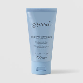 GlyMed Plus Hydrating Masque with Enzymes in light blue squeeze tube, 2.0 oz, on light gray background