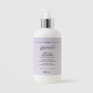 GlyMed Plus Elite Idyllic Cleanser with 3% Mandelic Acid in white pump bottle with silver collar and lavender label, 8.0 oz, on light gray background