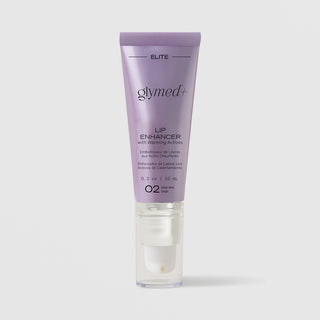 GlyMed Plus Elite Lip Enhancer with Warming Actives in purple pump tube, 0.3 oz, on light gray background