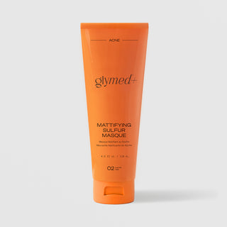 GlyMed Plus Acne Mattifying Sulfur Masque in orange squeeze tube, 4.0 oz, on light gray background