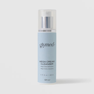 GlyMed Plus Mega Cream Cleanser in white pump bottle with silver collar and light blue label, 6.75 oz, on light gray background