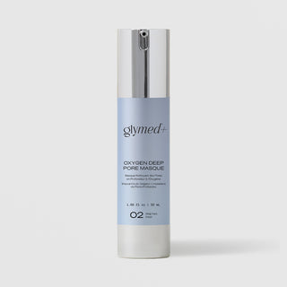 GlyMed Plus Oxygen Deep Pore Masque in white pump bottle with silver pump and light blue label, 1.69 oz, on light gray background