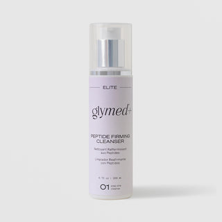 GlyMed Plus Elite Peptide Firming Cleanser in white pump bottle with silver pump and lavender label, 6.75 oz, on light gray background