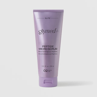 GlyMed Plus Elite Peptide Micro Scrub in lavender squeeze tube, 2.0 oz, on light gray background