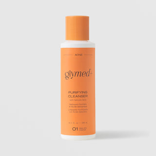 GlyMed Plus Acne Purifying Cleanser with Salicylic Acid in white bottle with orange cap and label, 8.0 oz, on light gray background