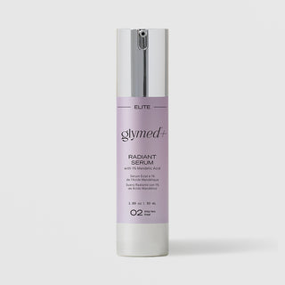 GlyMed Plus Elite Radiant Serum with 1% Mandelic Acid in white pump bottle with silver pump and lavender label, 1.69 oz, on light gray background