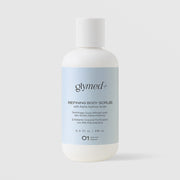 GlyMed Plus Refining Body Scrub with Alpha Hydroxy Acids in white bottle with white cap and light blue label, 8.0 oz, on light gray background