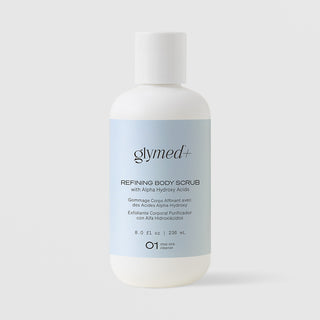 GlyMed Plus Refining Body Scrub with Alpha Hydroxy Acids in white bottle with white cap and light blue label, 8.0 oz, on light gray background