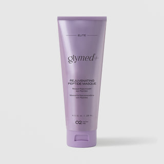 GlyMed Plus Elite Rejuvenating Peptide Masque in a lavender tube, 4 fl oz / 118 mL, Step 02 Treat, on a light gray background