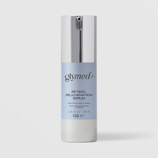 GlyMed Plus Retinol Rejuvenation Serum in white pump bottle with silver pump and light blue label, 1.0 oz, on light gray background