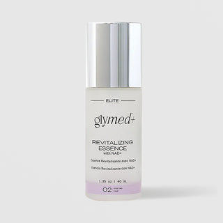 GlyMed Plus Elite Revitalizing Essence with NAD+ frosted glass bottle with silver cap, step two treat, 1.35 oz 40ml