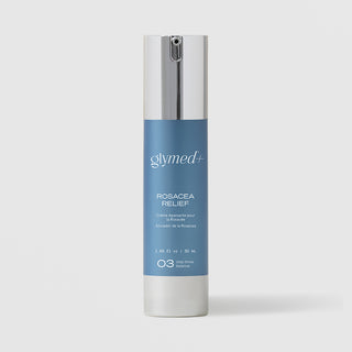 GlyMed Plus Rosacea Relief in white pump bottle with silver pump and blue label, 1.69 oz, on light gray background